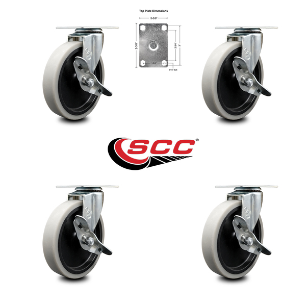 Service Caster 5 Inch Thermoplastic Wheel Top Plate Caster Set with Brakes SCC, 4PK SCC-05S510-TPRS-SLB-4